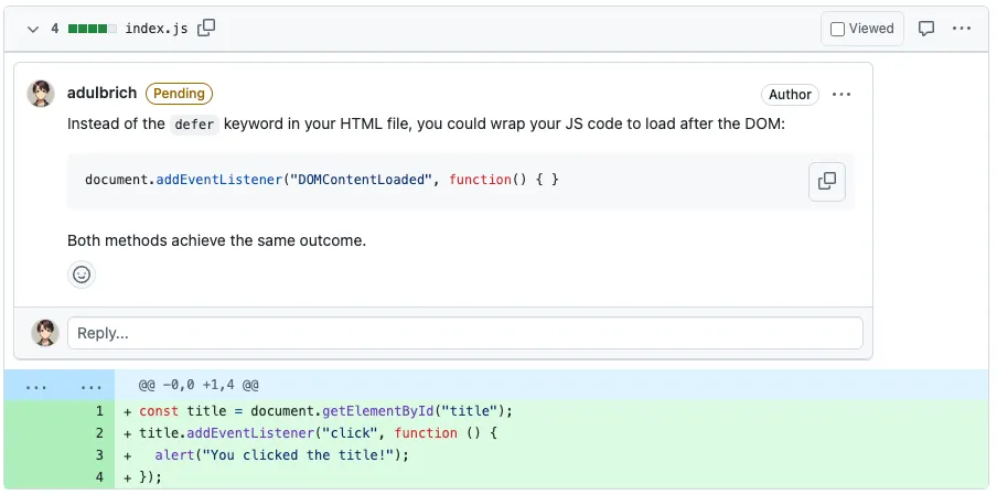 GitHub Pending File Comment